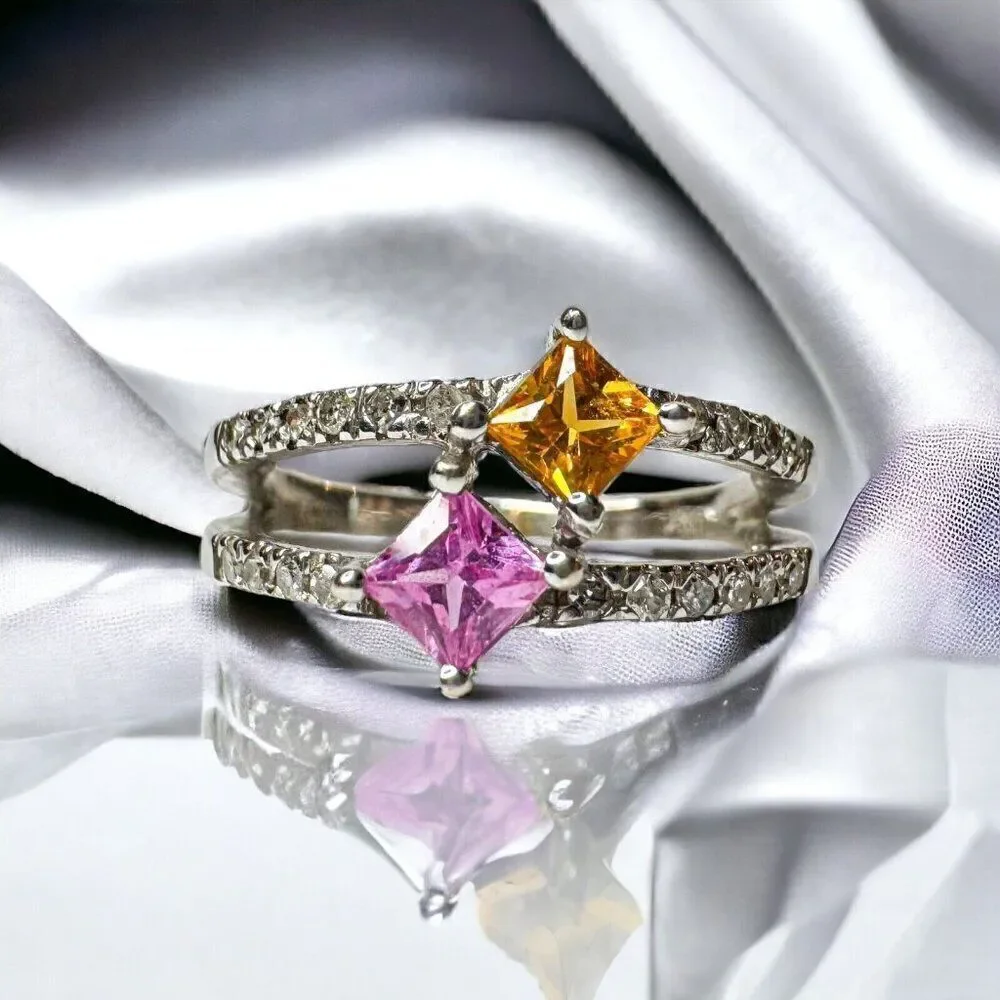 14k White Gold Natural Pink & Orange Sapphire Diamond Ring -Size 5 -3g